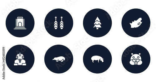 wildlife filled icons set. flat filled icons sheet included monument, earrings, pine, south africa, sphinx, mole, hippo, beaver vector.