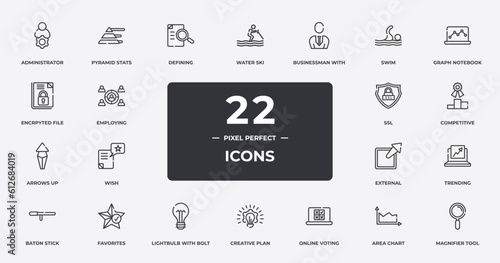 business pack outline icons set. thin line icons sheet included administrator, defining, businessman with tie, graph notebook, competitive, favorites, area chart, magnifier tool vector.