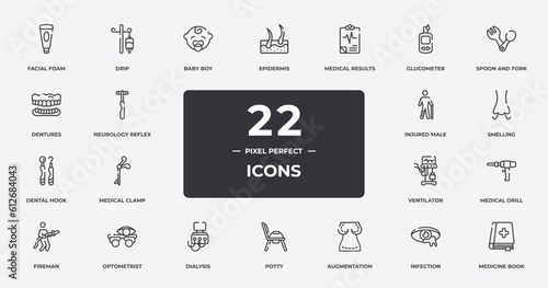 medicine outline icons set. thin line icons sheet included facial foam, baby boy, medical results, spoon and fork, smelling, optometrist, infection, medicine book vector.