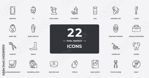 disabled people outline icons set. thin line icons sheet included bedpan, hair wash, vial, floss, organ container, defibrillator, tooth pliers, deaf vector.