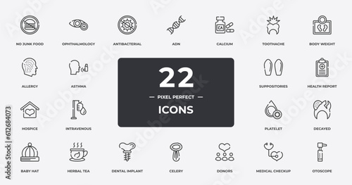 hospital outline icons set. thin line icons sheet included no junk food, antibacterial, calcium, body weight, health report, herbal tea, medical checkup, otoscope vector.
