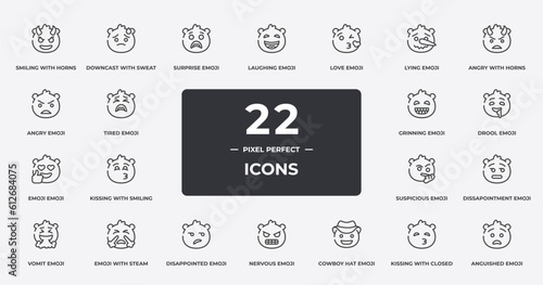 emoji outline icons set. thin line icons sheet included smiling with horns emoji, surprise emoji, love angry with horns drool with steam from e, kissing closed eyes anguished vector.