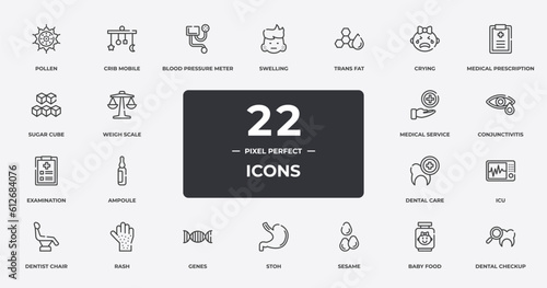 dental care outline icons set. thin line icons sheet included pollen, blood pressure meter, trans fat, medical prescription, conjunctivitis, rash, baby food, dental checkup vector.