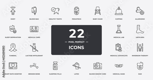 baby outline icons set. thin line icons sheet included dizzy, healthy tooth, baby chair, allergenic, urticaria, broken bone, medical mask, dad vector.