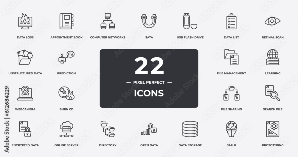 computer applications outline icons set. thin line icons sheet included data loss, computer networks, usb flash drive, retinal scan, learning, online server, stalk, prototyping vector.