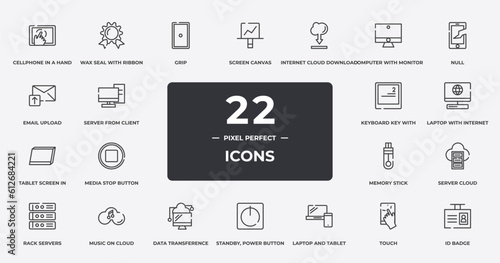 computer and media outline icons set. thin line icons sheet included cellphone in a hand, grip, internet cloud download, null, laptop with internet connection, music on cloud, touch, id badge