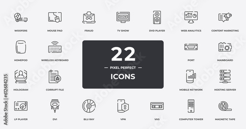 computer functions outline icons set. thin line icons sheet included woofers, fraud, dvd player, content marketing, mainboard, dvi, computer tower, magnetic tape vector.