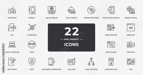 computer outline icons set. thin line icons sheet included controler, online service, connection error, remote access, error 404, theft, computer case, nas vector.