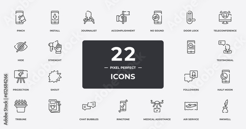 postal elements outline icons set. thin line icons sheet included pinch, journalist, no sound, teleconference, testimonial, , air service, inkwell vector.