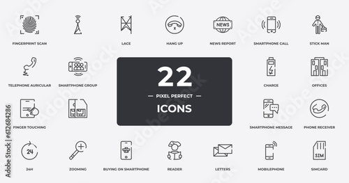 mobile outline icons set. thin line icons sheet included fingerprint scan, lace, news report, stick man, offices, zooming, mobilephone, simcard vector.