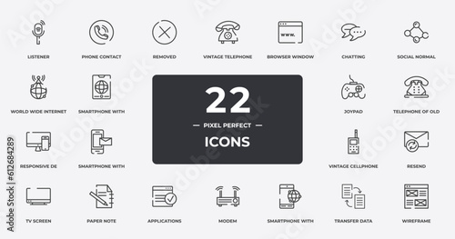 responsive design outline icons set. thin line icons sheet included listener, removed, browser window, social normal, telephone of old de, paper note, transfer data, wireframe vector.
