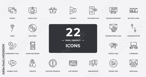 post office outline icons set. thin line icons sheet included postal, , attached file, battery level, communicator, tablets, sound ting, open mail vector.