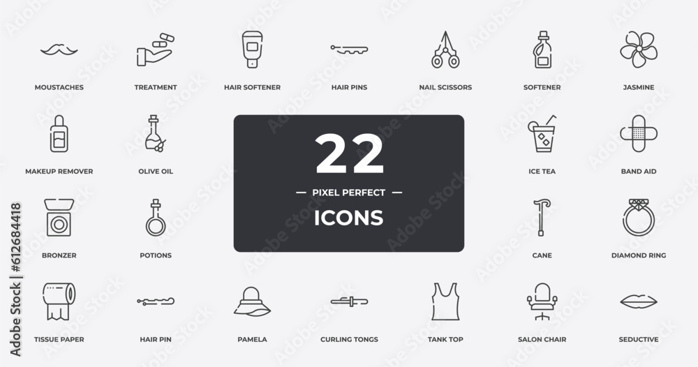 beauty outline icons set. thin line icons sheet included moustaches, hair softener, nail scissors, jasmine, band aid, hair pin, salon chair, seductive vector.