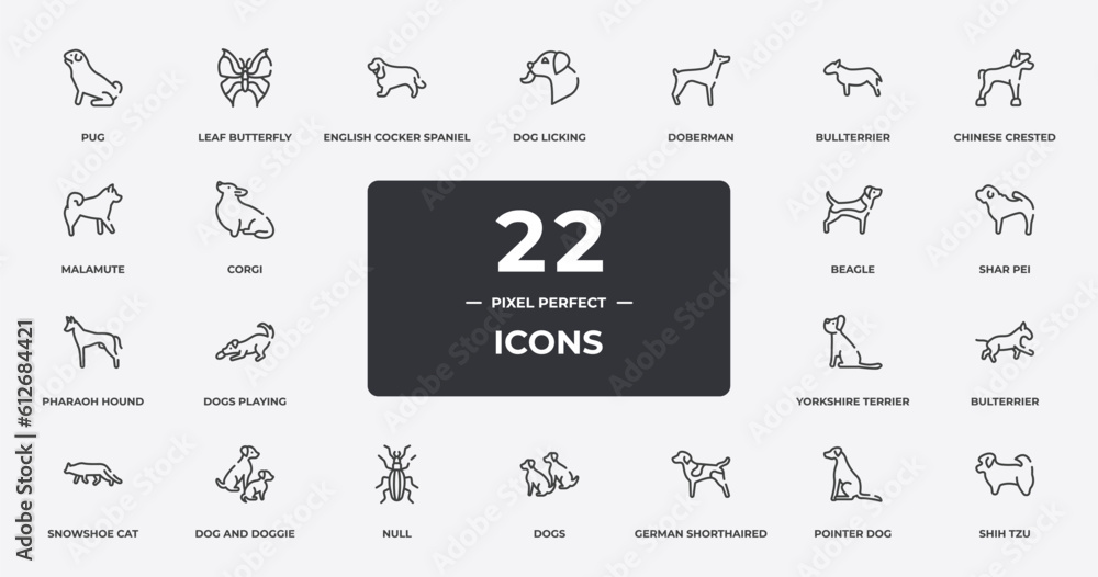 dog breeds fullbody outline icons set. thin line icons sheet included pug, english cocker spaniel, doberman, chinese crested, shar pei, dog and doggie, pointer dog, shih tzu vector.