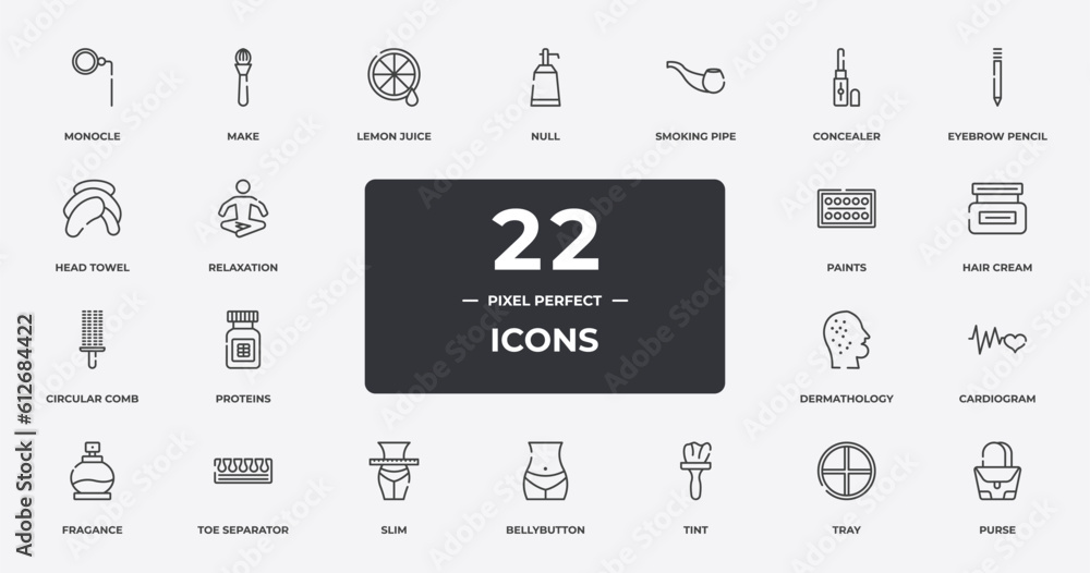 beauty outline icons set. thin line icons sheet included monocle, lemon juice, smoking pipe, eyebrow pencil, hair cream, toe separator, tray, purse vector. beauty outline icons set. thin line icons sheet included monocle, lemon juice, smoking pipe, eyebrow pencil, hair cream, toe separator, tray, purse vector.