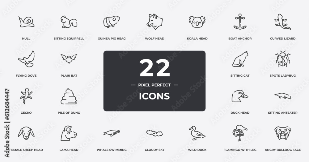 woof woof outline icons set. thin line icons sheet included null, guinea pig heag, koala head, curved lizard, spots ladybug, lama head, flamingo with leg up, angry bulldog face vector. woof woof outline icons set. thin line icons sheet included null, guinea pig heag, koala head, curved lizard, spots ladybug, lama head, flamingo with leg up, angry bulldog face vector.