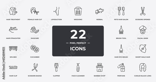 hair salon outline icons set. thin line icons sheet included hair treatment, liposuction, herbal, scissors opened tool, facial mask, scissors badge, perfume, curled black long female hair shape