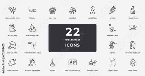 spa and yoga outline icons set. thin line icons sheet included hairdresser with comb and scissors, hot tub, hair salon, foundation, , scissor and comb, female hair, face mask vector.