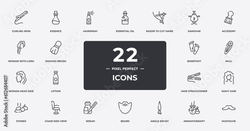 hairdressing and barber outline icons set. thin line icons sheet included curling iron, hairspray, razor to cut hairs, accesory, null, chair side view, aromatherapy, mustache vector.