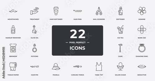 beauty outline icons set. thin line icons sheet included moustaches, hair softener, nail scissors, jasmine, band aid, hair pin, salon chair, seductive vector.