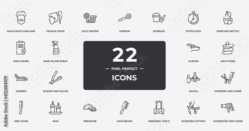 hair salon outline icons set. thin line icons sheet included male head hair and beard, cold water, bubbles, perfume bottle, hot stone, wax, scissors cutting hair, hairdryer and comb vector.