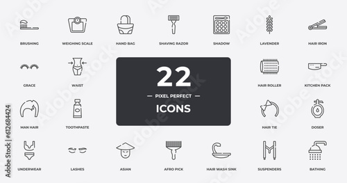 beauty outline icons set. thin line icons sheet included brushing, hand bag, shadow, hair iron, kitchen pack, lashes, suspenders, bathing vector.