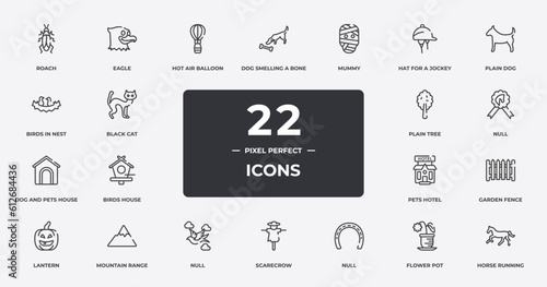horses outline icons set. thin line icons sheet included roach, hot air balloon, mummy, plain dog, null, mountain range, flower pot, horse running vector.