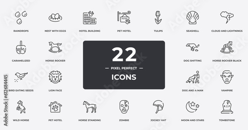 halloween outline icons set. thin line icons sheet included raindrops, hotel building, tulips, cloud and lightnings, horse rocker black, pet hotel, moon and stars, tombstone vector.