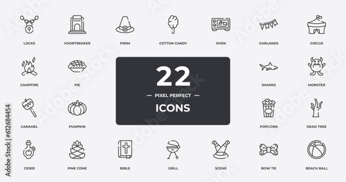 tropical outline icons set. thin line icons sheet included locks, pirim, oven, circus, monster, pine cone, bow tie, beach ball vector.