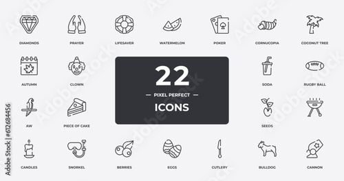 circus outline icons set. thin line icons sheet included diamonds, lifesaver, poker, coconut tree, rugby ball, snorkel, bulldog, cannon vector.