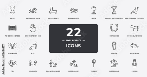 halloween outline icons set. thin line icons sheet included devil, roller skate, hook, bird of black feathers, horse black side shape, hammock, birds home, poison vector.