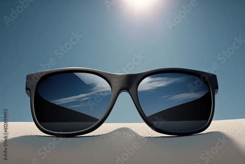 Sunglasses on the beach. Sunglasses with the sea and sky reflection. Blurry background. Vision concept. Generative AI