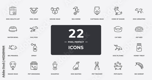 fauna outline icons set. thin line icons sheet included dog health list, mouse head, capybara head, dog urinating, pet bed, pet grooming, pets bath, big shrimp vector.