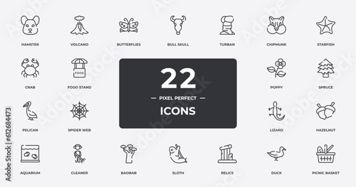 zoo outline icons set. thin line icons sheet included hamster, butterflies, turban, starfish, spruce, cleaner, duck, picnic basket vector.