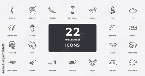 wildlife outline icons set. thin line icons sheet included syringe, peacock, swan, hive, dunes, toucan, anthill, puffer fish vector.