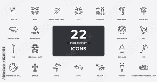 diving outline icons set. thin line icons sheet included lighter, swiss army knife, flippers, birdhouse, hen, statue, donkey, underwater photography vector.