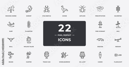 diving outline icons set. thin line icons sheet included rocking horse, stag beetle, antlion, silverfish, soil, hunter, canoe, flashlight vector. photo