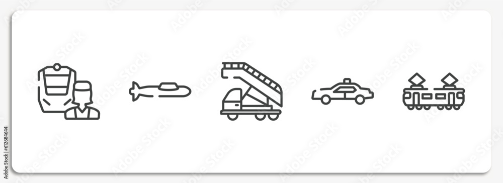 transporters outline icons set. thin line icons sheet included train operator, submarine side view, airport truck, police car side view, tram side view vector. transporters outline icons set. thin line icons sheet included train operator, submarine side view, airport truck, police car side view, tram side view vector.