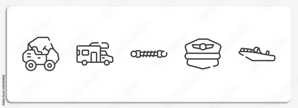 vehicles and transports outline icons set. thin line icons sheet included all terrain, rv, damper, pilot hat, motorboat vector.