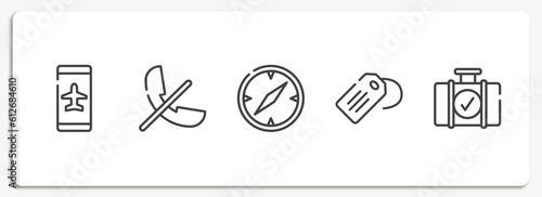in the airport outline icons set. thin line icons sheet included smartphone airplane mode, phones not allowed, compass with white face, luggage tag, luggage checking vector.