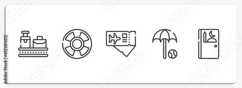 airport outline icons set. thin line icons sheet included null, life bouy, airplane tickets, beach umbrella and beach ball, prayer room vector.