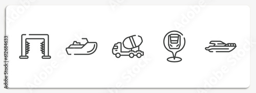 transporters outline icons set. thin line icons sheet included carwash hine, sea scooter, concrete mixer truck side view, checkpoint, yacht side view vector.