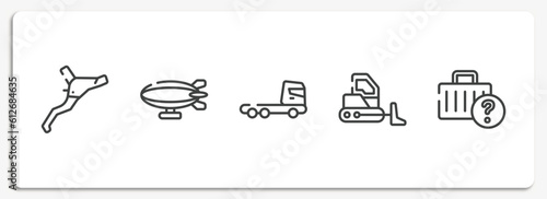 airport outline icons set. thin line icons sheet included brakes, airship side view, truck cabin side view, bulldozer side view, lost and found vector.
