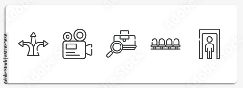 airport outline icons set. thin line icons sheet included directions arrows, camera recorder, baggage verification, waiting room, full body vector.