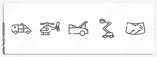 car engine outline icons set. thin line icons sheet included ambulance side view, helicopter side view, hood open, aerial lift, windscreen vector.