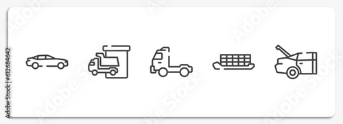 car engine outline icons set. thin line icons sheet included car side view, loading/unloading area, pickup truck side view, container ship side view, trunk open vector.