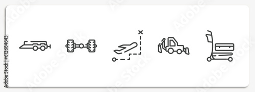 airport outline icons set. thin line icons sheet included car trailer, axle, direct flight, backhoe, airport cart vector.