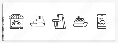 travel app outline icons set. thin line icons sheet included bike shop, cruise ship, road trip, ferry, rent a car vector.