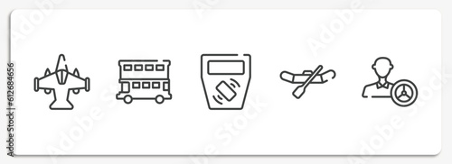 driving school outline icons set. thin line icons sheet included military airplane bottom view, double decker bus, ticket validator, watercraft, instructor vector.