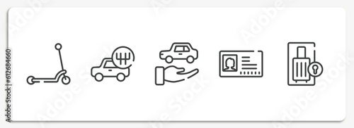 airport outline icons set. thin line icons sheet included kick, shift, rental car, driving pass, luggage locker vector.